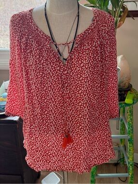 Daniel Rainn Red Printed Split-Neck Tunic with Tassel